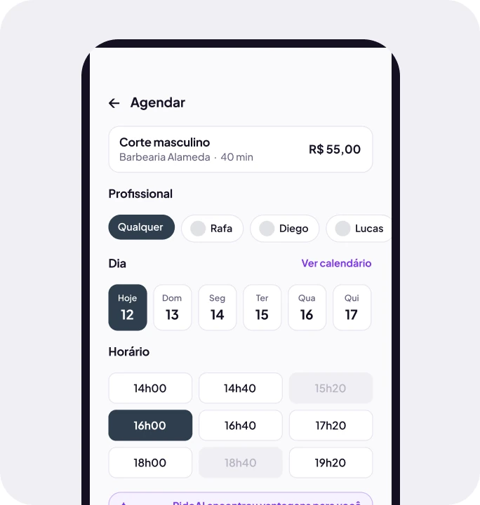 Tela de agendamento do app com profissional e horários livres, e a confirmação do horário reservado