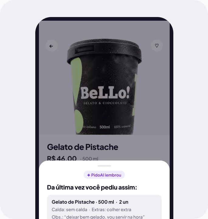 Produto no app com a sugestão de repetir o pedido anterior e a sacola com as vantagens aplicadas