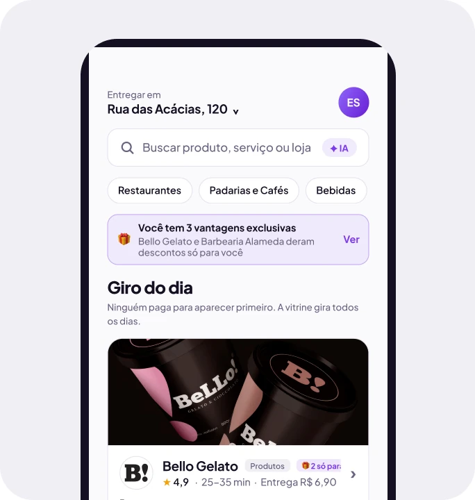 Home do app com o aviso de vantagens exclusivas e a tela do pedido entregue liberando a raspadinha