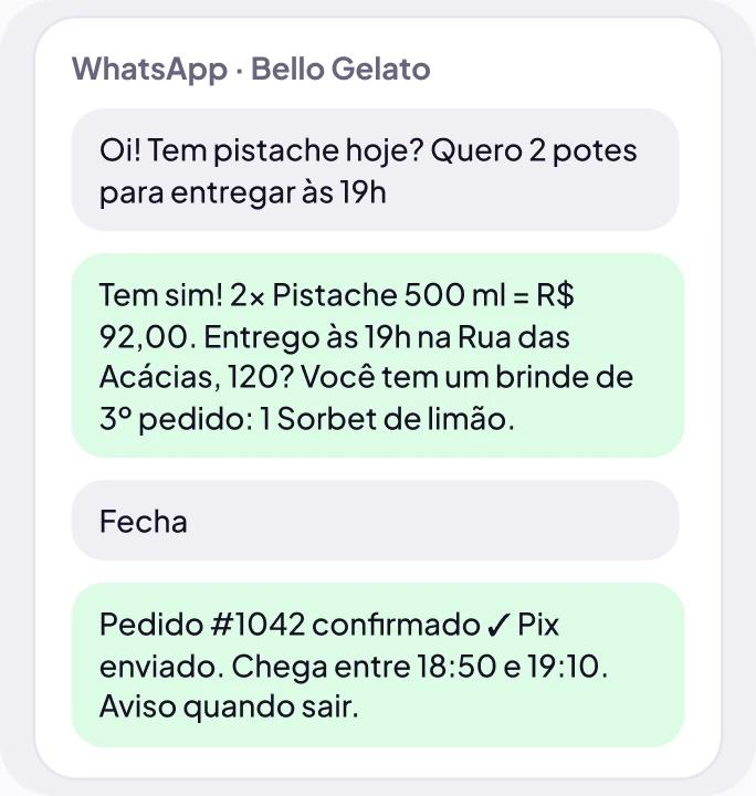 Conversa de WhatsApp com a loja: a IA do PidoAI confirma o pedido, oferece o brinde e envia o Pix