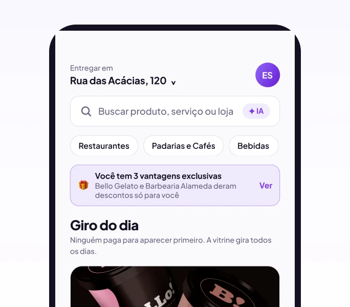 Tela inicial do app do cliente com lojas e vantagens, e a página de um produto lembrando o último pedido