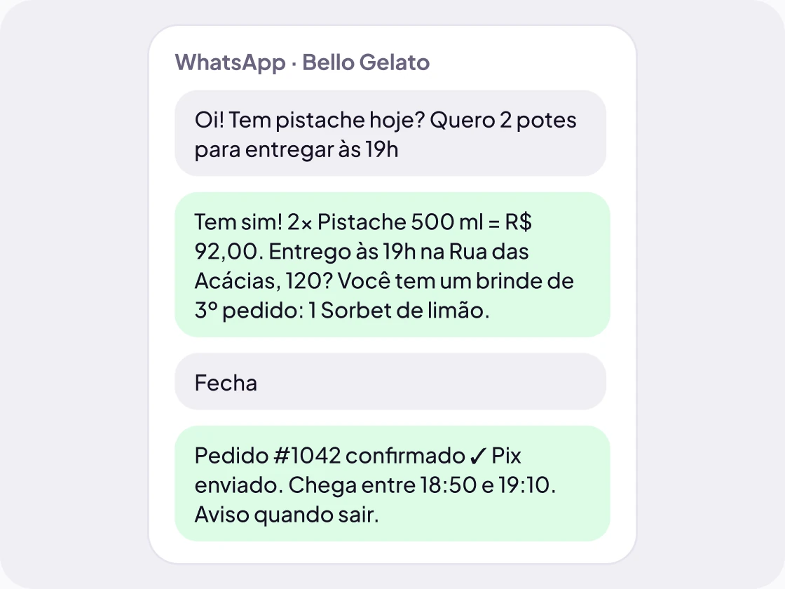 Conversa no WhatsApp em que o cliente faz o pedido, recebe um brinde e confirma o Pix